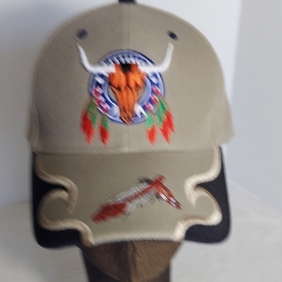 Texas Head Wear Western Native American Inspired Tan Baseball Cap with appliques - Picture 10 of 10